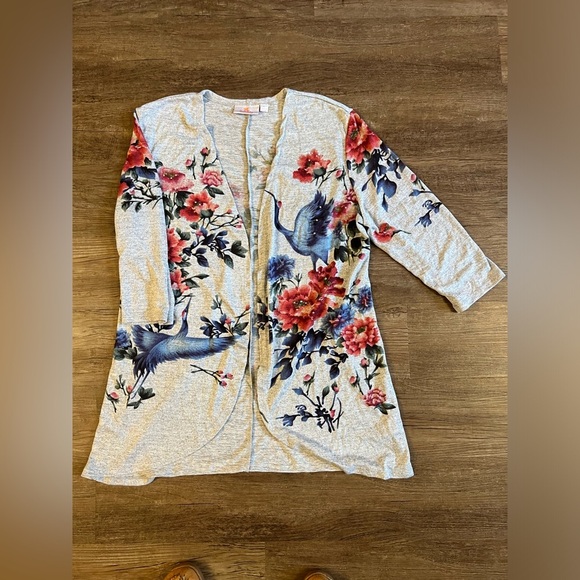 Quacker Factory Art To Wear Women Cardigan L Gray Floral Crane Bling Knit‎ D43 - Picture 2 of 6